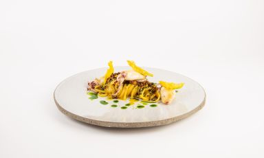 Linguine cotte in estratto di verdure estive, calamari, fiori di zucca e briciole di pane allo zafferano è il Piatto dell'estate 2022 dello chef Luca Landi del ristorante Lunasia al Plaza e de Russie, a Viareggio (Lucca)
 
