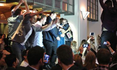 The sensational night at Eleven Madison Park, Will Guidara and Daniel Humm’s (in the middle, wearing a blue jacket) super restaurant in Manhattan, third place in the World's 50 Best Restaurants in 2016. To the right, Massimo and Lara Bottura hugging. On Tuesday 14th June the restaurant was regularly open at lunchtime. During the chaos, everyone was wondering how they’d manage to tidy up such a mess 