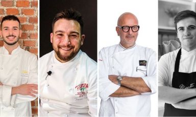 Left to right, the four new protagonists of Identità Milano 2021: Danilo Brunetti from pizzeria Giolina, Francesco Capece from pizzeria La Locanda dei Feudi, Pino Ladisa from the pastry shop bearing his same name, and Gian Luca Cavi from ice cream shop Magritte - Gelati al Cubo
