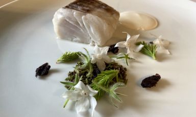 Nasello al vapore, oliva taggiasca, punte di abete e salsa alla mandorla: il piatto della rinascita di Antonio Buono, chef di Casa Buono

