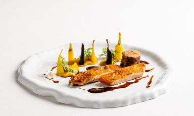 Faraona in due cotture con carota e rafano, uno dei piatti pi&ugrave; rappresentativi dell'offerta fine dining del ristorante Il Grifone,&nbsp;uno dei sei indirizzi golosi di Palazzo di Varignana a&nbsp;Castel San Pietro Terme (Bologna)
