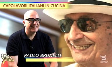 Due generazioni di Brunelli in un curioso fermo immagine della puntata di Capolavori italiani in cucina dedicata al mondo dolce di Paolo, maestro gelatiere tra Agugliano e Senigallia nella Marche. Con il panama suo padre Romeo
