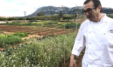 Pep Romany, patron chef at Pont Sec in Denia, Spain, in front of the kitchen garden he started two years ago
