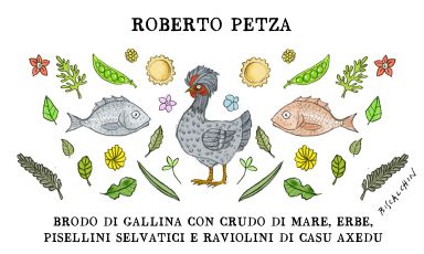 Il Brodo di gallina con crudo di mare, erbe, pisellini selvatici e raviolini di casu axedu è uno dei tanti piatti del menu di S'Apposentu, a Siddi, nel cuore della Sardegna