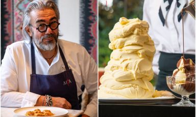 Philippe L&eacute;veill&eacute; e una delle delizie iconiche del suo MIramonti l'Altro a Concesio (Brescia), il&nbsp;gelato di crema &ldquo;Miramonti, mantecato al momento
