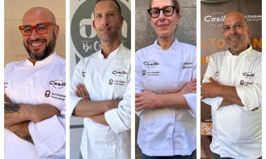 Da sinistra, i quattro protagonisti della tappa siciliana del Buona Era Social Tour di Molino Casillo e Altograno® powered by Identità Golose. Da sinistra: Francesco Arena, Angelo Divita, Melania Guarneri e Gioacchino Quartararo
