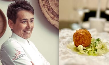 Marina Ravarotto (Nuoro, classe 1981, ristorante ChiaroScuro di Cagliari) e le Cervella fritte con croccante di finocchio e sorbetto al finocchio, mela verde e senape 
