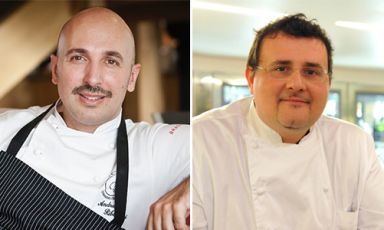 Da sinistra, Andrea Ribaldone, chef del ristorante I Due Buoi di Alessandria e Paolo Barrale, siciliano ma al timone da anni del ristorante Marennà di Sorbo Serpico (Avellino), una stella Michelin. Il loro menu a 4 mani, fissato a Identità Expo S.Pellegrino per la cena di sabato 5 settembre al costo di 75 euro (vini inclusi), si prenota a expo@magentabureau.it oppure telefonando a +39.02.62012701