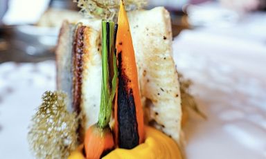 Filetto di salmerino con pino mugo, licheni e carote bbq: &egrave; una delle proposte "di lago" alla Strattoria di Montrigiasco, frazione di Arona (Novara)
