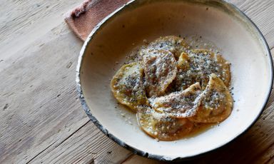 Casunziei with butter and poppy seeds, the signature dish of Cortina d'Ampezzo in the delicious interpretation of Riccardo Gaspari, chef and patron at SanBrite with his wife Ludovica Rubbini
