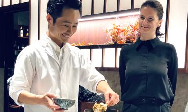 Satoshi Hazama, chef and patron of Hazama at 41 Via Savona in Milan while serving Oshokuji rice under the gaze of his assistant Rosalinda Lassandro, a Pugliese woman bewitched by Japan
