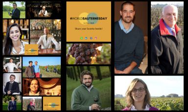 A collage of photos of some of the many participants in the World Sauternes Day
