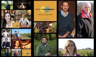 A collage of photos of some of the many participants in the World Sauternes Day
