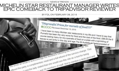 This is how finedininglovers.com represented the tit for tat between the chef at Purnell's in Birmingham and an anonymous user, who had criticised the restaurant on Tripadvisor