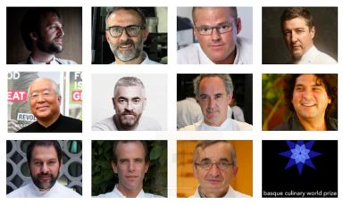 The chefs in the jury of the Basque Culinary World Prize. They will assign 100K to the colleague who will stand out thanks to a project to develop his or her community. From the top left corner, René Redzepi, Massimo Bottura, Heston Blumenthal, jury president Joan Roca (Spain), Yukio Hattori, Alex Atala, Ferran Adrià, Gastón Acurio, Enrique Olvera, Dan Barber, Michel Bras. In order to decide the winner, the jury will count on the consultancy of experts in subjects connected with gastronomy such as Harold McGee, Massimo Montanari, Laura Esquivel, Hilal Elver

