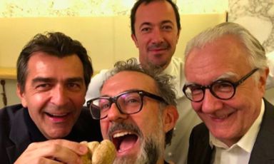 Left to right, Yannick Alleno, Massimo Bottura, Romain Meder and Alain Ducasse in a selfie taken a few weeks ago. The former two will speak at the 9th edition of Identità di Pasta, on Sunday 4th March, in Sala Blu 1, from 10.45 am to 5.30 pm
