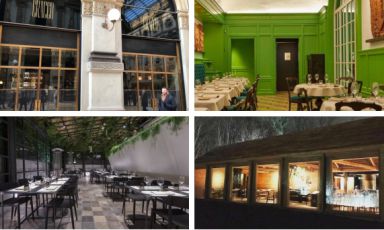 Quattre delle insegne più interessanti che hanno aperto nelle ultime settimane. Da sinistra in alto, in senso orario: Cracco in Galleria, Gucci Osteria, Spazio Roma e Noma a Copenhagen. Sono tutti nuovi ingressi nella Guida online di Identità Golose, assieme ad Acquolina, Roma

