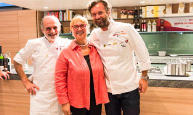 Corrado Assenza, Lidia Bastianich e Carlo Cracco, protagonisti della seconda lezione di Identità Los Angeles. Oggi ultima lezione con Franco Pepe e Marco Stabile (foto Brambilla/Serrani)

