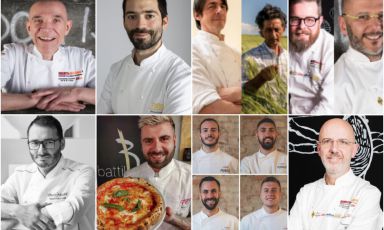 I realtori di Identità di Pane e di Pizza 2019. Da sinistra, in alto, Lionello Cera, Simone Rodolfi, Tommaso Cannata e Giuseppe Li Rosi, Eugenio Boer e Giuseppe Rizzo. Nella fila sotto, sempre da sinistra, Massimiliano Prete, Gennaro Battiloro, il poker del Marghe formato da Danilo Brunetti, Michele Botta, Riccardo Raia e Simone Mantuano, infine Franco Pepe
