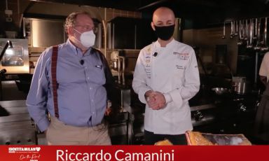 Riccardo Camanini with Paolo Marchi in a screenshot from the masterclass of the first Identità on the road, filmed at Lido 84 in Gardone Riviera (Brescia). CLICK HERE TO REGISTER AND VIEW IDENTITÀ ON THE ROAD. For info write to iscrizioni@identitagolose.it or call +39 02 48011841 ext. 2215

