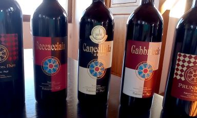 Alcuni dei rossi dell'azienda Pakravan Papi, a Riparbella, in provincia di Pisa: il Campo del Pari, il Beccacciaia, il Cancellaia di Riparbella, il Gabriccio e il Prunicce
