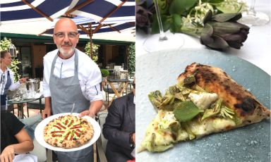 Franco Pepe con la Margherita sbagliata e, a destra, la pizza Sant'Erasmo pensata a 4 mani con Riccardo Canella - Foto: Annalisa Cavaleri
