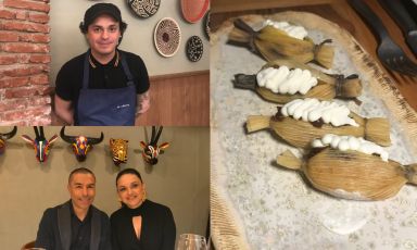 Chef Alvaro Clavijo and Ivan Cordoba with his wife Maria. Right, Envuelto with curd and plantain, one of the dishes capable of telling the story of Colombian ingredients and traditions. Photos: Annalisa Cavaleri
