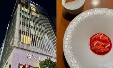 Il Bulgari Ginza Tower si trova nel pieno centro di Tokyo. Nella foto: Panna cotta di mandorle con arance a crudo
