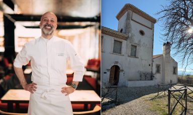 Niko Romito (in uno scatto recente di Albin Durand) e l'ingresso di Casadonna a Castel di Sangro (L'Aquila), sede del ristorante Reale
