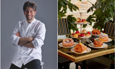 A sinistra, Marco Pedron, pastry chef al Cracco in Galleria. A destra, alcune delle sue creazioni
