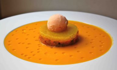 Solaris - Tortino di verdure e tapioca su crema di carote e sorbetto al melone, piatto di Pietro Leemann realizzato con la tapioca al posto dell'agar-agar. La tapioca è la fecola della manioca, un cereale originario del Sudamerica. Ha proprietà addensanti e si usa per fare dolci e dessert al cucchiaio e per minestre e creme a base di verdura