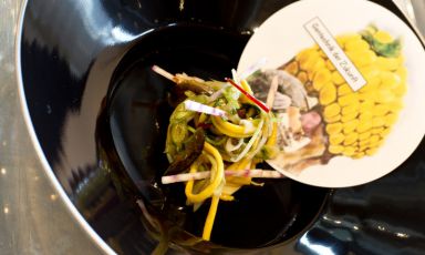 Un piatto del light lunch di Moshik Roth, cuoco israeliano del ristorante&nbsp;&samhopudplaces di Amsterdam, Paesi Bassi,&nbsp;+31.20.2602094. Il ristorante si sforza di utilizzare prodotti meno usati e sconosciuti, in un contesto&nbsp;ideale per incontrare gente, scambiarsi opinioni, osservare opere d&rsquo;arte come in una galleria