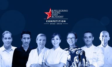 La giuria internazionale della finalissima di S.Pellegrino Young Chef Academy Competition 2022-23, in programma a Milano nel settembre 2023. Da sinistra Pía León, Eneko Atxa, Hélène Darroze, Vicky Lau, Nancy Silverton, Julien Royer, Riccardo Camanini
