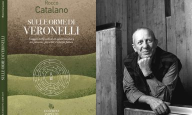 La copertina di&nbsp;Sulle orme di Veronelli di Rocco Catalano e, sulla destra, una foto di Luigi Veronelli
