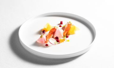 Trota salmonata marinata alla rapa rossa, kefir, barbabietole acidule: il piatto del 2021 di Alessandro Martellini
