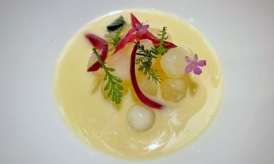 L'ultimo menu degustazione di Pipero Roma si apre con questo piatto. Un Gazpacho di melone bianco, che in realtà, per le tecniche utilizzate, è concettualmente un ceviche. Soprattutto è un piatto sorprendente, di grande eleganza tecnica e di puro gusto
