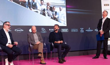 Norbert Niederkofler, Heinz Beck, Enrico Bartolini on stage of the Auditorium with Gabriele Zanatta during the last talk of the morning at Identità Milano 2024
