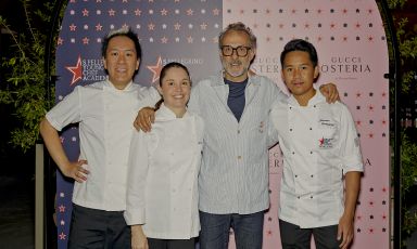 The protagonists of the dinner, on Tuesday 13th September at Gucci Osteria in Florence: Takahiko Kondo, Karime López, Massimo Bottura and Jerome Ianmark Calayag, winner of the 2021 S.Pellegrino Young Chef 
