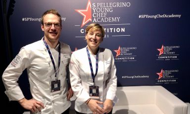 Alessandro Bergamo (Cracco in Galleria, Milan) and Antonia Klugmann (L'Argine a Vencò, Dolegna del Collio - Gorizia), respectively young chef and mentor of the third edition of the S.Pellegrino Young Chef Academy. They came second, the best result ever for an Italian team
