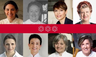 The female chefs with three stars, in chronological order from the top left corner, clockwise: Elena Arzak, Eugenie Brazier, the most famous of the “Lyonnaisemothers” over 50 years ago, Dominique Crenn, Annie Feolde, Anne-Sophie Pic, Carme Ruscalleda, Nadia Santini and Luisa Valazza
