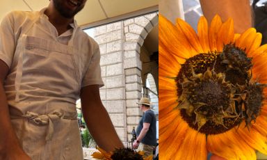 L'apertura del nostro pranzo al MoS di Desenzano del Garda (Brescia): lo chef Stefano Zanini e un fiore, il girasole... alla giudia (Foto di Marialuisa Iannuzzi)
