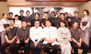 Third from the left, front line, Michele Biassoni, chef at Iyo in Milan, with the team from Ryugin in Tokyo, 3 Michelin stars, where he attended a 3-month internship, from August to November 2017. Chef Seiji Yamamoto is standing beside him
