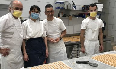 Left to right, Corrado Assenza, the maestro pastry-chef at Caffè Sicilia in Noto, and his team which includes Reiko, Corrado and his son Francesco Assenza
