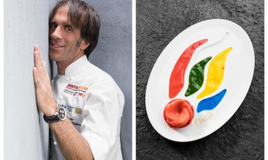 Here’s the recipe for Ciaolà, the dish Davide Oldani, Sport and food ambassador of the Italian team in the Olympics, created in view of Rio de Janeiro 2016. It unites a mousse and four sauces in different colours, stylising the Olympic torch 