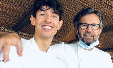 Carlo Cracco with 25-year-old Mattia Pecis, resident chef at the newly reborn Pitosforo in Portofino
