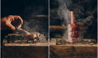 Alcune preparazioni allo Yera, tra cottura e affumicatura: è la nuova esperienza gastronomica, aperta da pochi mesi, al Forestis, sulle montagne sopra Bressanone in Sud Tirolo
