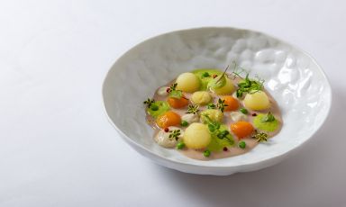 Orto: spuma di&nbsp;carciofi con patate, zucca profumata al timo, cipolla di Giarratana, zucchina con timo-limone, polvere di pomodoro, finocchietto selvatico&nbsp;e germogli di piselli
