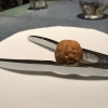 The tribute to walnuts begins. Here the kernel is recreated and encloses a fourth of smoked walnut. Delicious. They basically opened the shell without breaking it
