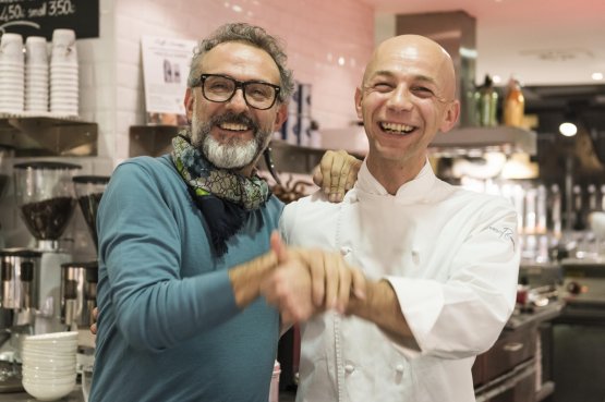 Massimo Bottura and Riccado Camanini joke during t