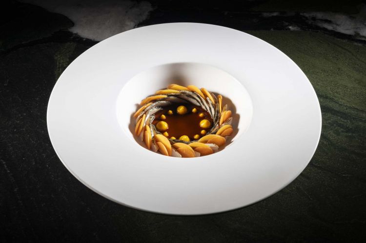 Sgombro marinato, carote e court-bouillon alla colatura di alici
Impiatto scenografico a corolla per questo sgombro marinato a secco e poi scottato dal lato della pelle. Le carote sono cotte e crude: c'è una crema di carota con un tocco arancia e curry, e soprattutto un court-bouillon di colatura servito alla fine. E' piuttosto acido perché cucinato con vari tipi di aceto, segnale delle esperienze pregresse del cuoco e della sua cifra tecnica già importante